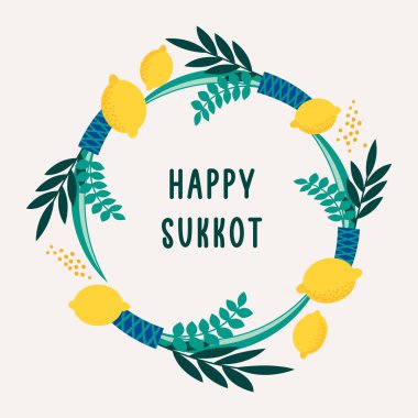 Mutlu Sukkot- şablon posteri, afiş. Sukkah, limon, etrog, lulav, Arava, Hadas 'lı Yahudi ziyafeti. Beyaz arka planda izole edilmiş. Vektör illüstrasyonu.