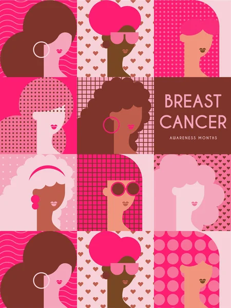 预防乳腺癌宣传运动和不同族裔妇女群体的乳腺癌认识月 再加上胸部概念粉红支持带符号 扁平病媒图解 图库插图