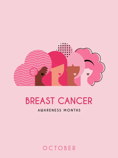 预防乳腺癌宣传运动和不同族裔妇女群体的乳腺癌认识月 再加上胸部概念粉红支持带符号 扁平病媒图解 矢量图形