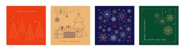 Minimalist geometrik çizgili Noel kartları. Düz vektör karikatür tarzında renkli çizimler. Xmas ve yeni yıl geçmişleri. 2024 Kutlama