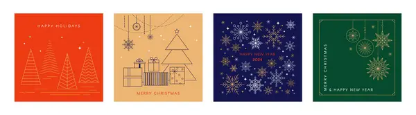 圣诞贺卡采用简约的几何线条风格 平面矢量漫画风格的彩色插图 圣诞节和新年背景 2024庆祝活动 — 图库矢量图片