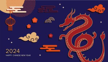 Ay 'ın yeni yıl geçmişi, afiş, Çin Yeni Yılı 2024, Ejderha Yılı. Geleneksel minimalist modern tarz. Vektör konsepti tasarımı