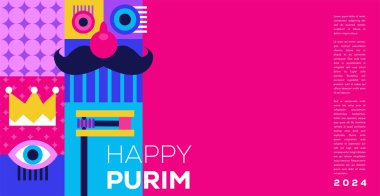 Purim Karnavalı, Mutlu Karnaval, palyaço ile renkli geometrik arka plan, sıçramalar, konuşma baloncukları, maskeler ve konfeti. Vektör tasarımı