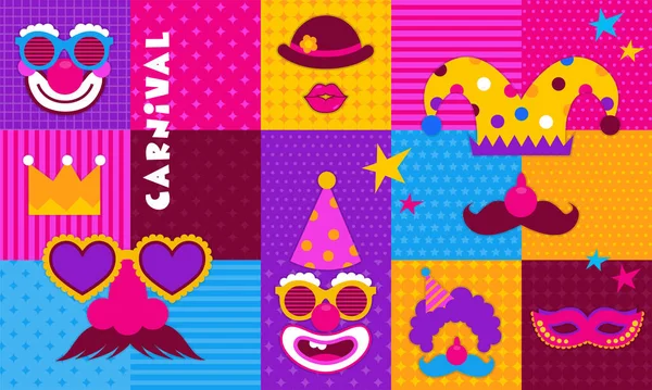 Fröhlicher Karneval Farbenfroher Geometrischer Hintergrund Mit Spritzern Sprechblasen Masken Und lizenzfreie Stockvektoren