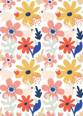 İlkbahar, Paskalya desenli arka plan, dekore edilmiş modern tarz kart, afiş. Tavşan, çiçek ve sepetli desenli yumurtalar. Renkli minimalist tasarım