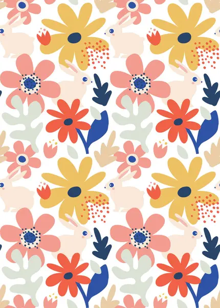 İlkbahar, Paskalya desenli arka plan, dekore edilmiş modern tarz kart, afiş. Tavşan, çiçek ve sepetli desenli yumurtalar. Renkli minimalist tasarım