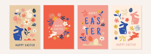 复活节快乐 装饰几何风格复活节卡片集 复活节彩蛋 鲜花和篮子都是现代大胆的简约风格 抽象的花朵 兔子和蛋 免版税图库矢量图片