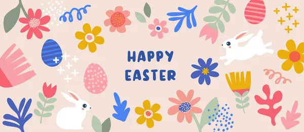 Paskalya Bayrağınız Kutlu Olsun Tipografisi Kalın Çiçekleri Yumurtaları Tavşanları Pastel Vektör Grafikler
