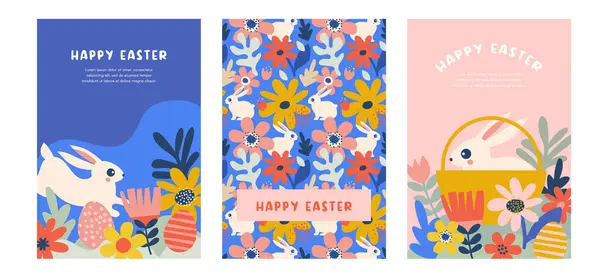 Glad Påsk Dekorerad Geometrisk Stil Påskkort Banderoller Kaniner Påskägg Blommor Stockvektor
