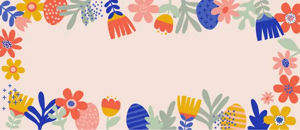 Vrolijk Pasen Versierde Geometrische Paaskaart Spandoek Konijnen Paaseieren Bloemen Mand Stockillustratie