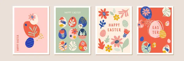 复活节快乐 装饰几何风格复活节卡片集 复活节彩蛋 鲜花和篮子都是现代大胆的简约风格 抽象的花朵 兔子和蛋 免版税图库插图