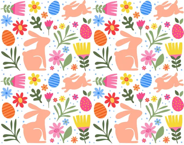 快乐的复活节图案背景 装饰现代风格的卡片 有兔子 花朵和篮子的花纹蛋 色彩艳丽的极简主义设计 免版税图库插图