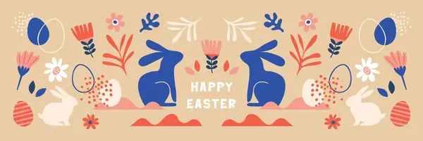Boho Paskalya Konsepti Tasarımı Tavşanlar Yumurtalar Çiçekler Gökkuşağı Renkleri Düz Stok Illüstrasyon