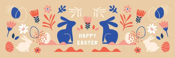 Boho Easter Concept Design Bunnies Eggs Flowers Rainbows Pastel Terracotta 图库插图