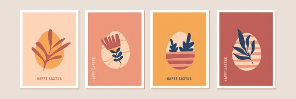 现代复活节贺卡系列 三张带有复活节彩蛋 兔子和花朵的当代扁平图案和Boho颜色的抽象复活节贺卡的矢量图解 免版税图库矢量图片