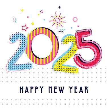 Mutlu yıllar. 2025. Geçmiş tasarımlarının toplanması, yeni yıl, sosyal medya promosyon içeriği. Vektör illüstrasyonu
