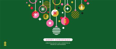 Mutlu Noeller düz modern tasarım, Noel süsleri ve Xmas dekorasyonları. Düz geometrik çizgi film tarzında renkli vektör çizimi