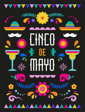 Cinco De Mayo Renkli, canlı renklerde cesur bir tasarım. Meksika unsurları Fiesta ve Meksika ikonları. Vektör çizimleri ve konsept tasarımı