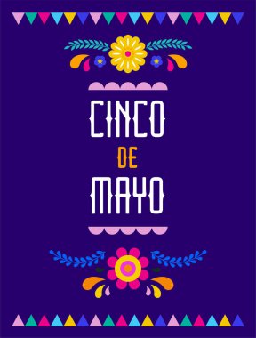 Cinco De Mayo Renkli, canlı renklerde cesur bir tasarım. Meksika unsurları Fiesta ve Meksika ikonları. Vektör illüstrasyonları ve konsept afiş tasarımı