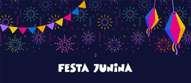 Festa Junina. Vektör çizimleri. Müzik Festivali. Basit, minimalist simgeler. Bayram afişi, poster, kapak.