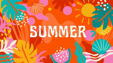 Renkli tropikal yaz geçmişi. Yaz afişi, orman yapraklı poster tasarımı