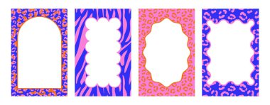 Leopar desenli, çita derisi desenli, altın zincirli, desenli şık moda çerçeveleri koleksiyonu. Duvar kağıdı, kartlar, dikey posterler, soyut arkaplanlar ve şablon tasarımı