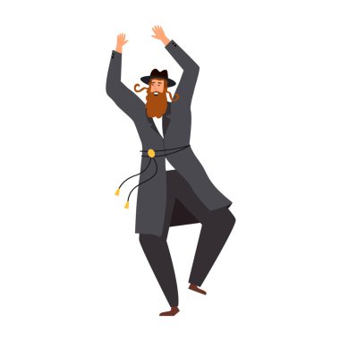 Yahudi adam Hasidik dansı yapıyor. Geleneksel Yahudi kıyafetleri giymiş bir adam. Yahudi bayramlarının kutlanması Sukkot ve Simhat Tora ve Simchat Beit HaShoeivah