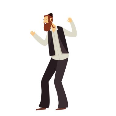 Yahudi adam Hasidik dansı yapıyor. Geleneksel Yahudi kıyafetleri giymiş bir adam. Yahudi bayramlarının kutlanması Sukkot ve Simhat Tora ve Simchat Beit HaShoeivah