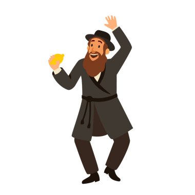 Yahudi adam hasidik dansı. Düz vektör siluetleri. Beyaz arka planda siyah. Figürler uzun palto ve kuşaklar giyip hareket ettikçe kanat çırpıyorlar.