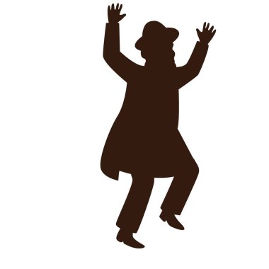 Yahudi adam hasidik dansı. Düz vektör siluetleri. Beyaz arka planda siyah. Figürler uzun palto ve kuşaklar giyip hareket ettikçe kanatlarını çırpıyorlar. vektör