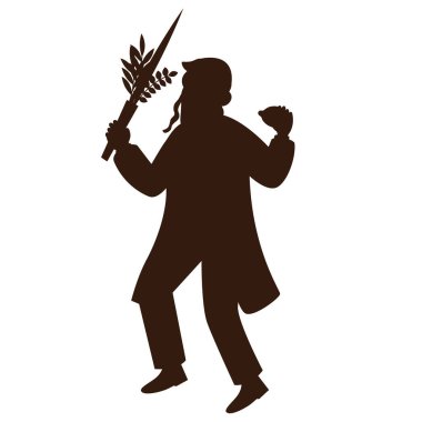 Yahudi adam hasidik dansı. Düz vektör siluetleri. Beyaz arka planda siyah. Figürler uzun palto ve kuşaklar giyip hareket ettikçe kanatlarını çırpıyorlar. vektör