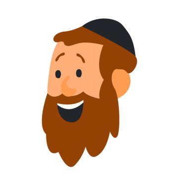 Çizgi film tarzında gülümseyen Yahudi Ortodoks adam. Geleneksel şapka ve kippah takan Yahudi adam. Yahudi adam Sukkot, Simchat Torah ve Simchat Beis HaShoeivah 'ı kutluyor. vektör