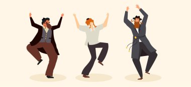 Yahudi insanlar Yahudi bayramını kutlamak için Hasidik dansı yapıyorlar. Geleneksel Yahudi kıyafetleri giyen insanlar. Simhat Tora ve Simchat Beit HaShoeivah kutlamaları. vektör