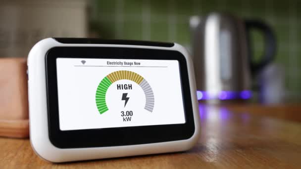 家庭用キッチンのエネルギースマートメーターを沸かし リアルタイムの電気使用量を表示 — ストック動画