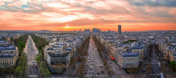 Coucher Soleil Vue Panoramique Aérienne Vers Quartier Défense Direction Arc — Photo