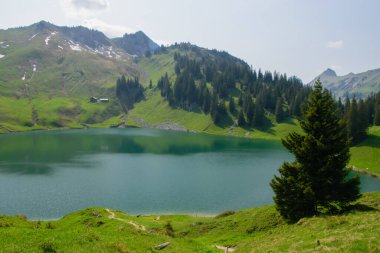 Thun ve Interlaken yakınlarındaki bir dağ gölünün panoramik görüntüsü