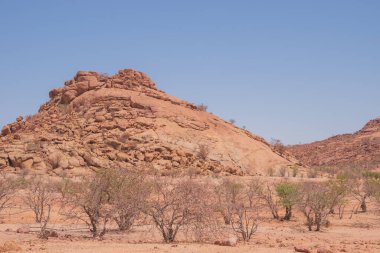 Namibya Çölü, binlerce yıldır doğal süreçler tarafından şekillendirilen dağınık kahverengi taşlara ve engebeli kaya oluşumlarına ev sahipliği yapar. Bu özellikler etrafındaki altın kumlarla keskin bir tezat oluşturarak kendine özgü bir çöl manzarası yaratır.
