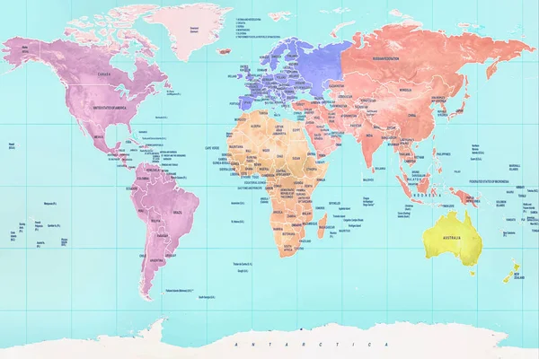 Sehr Detaillierte Farbenfrohe Geografische Weltkarte — Stockfoto