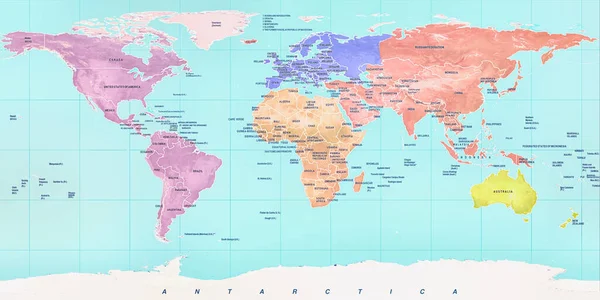 Εξαιρετικά Λεπτομερής Πολύχρωμος Γεωγραφικός Παγκόσμιος Χάρτης — Φωτογραφία Αρχείου
