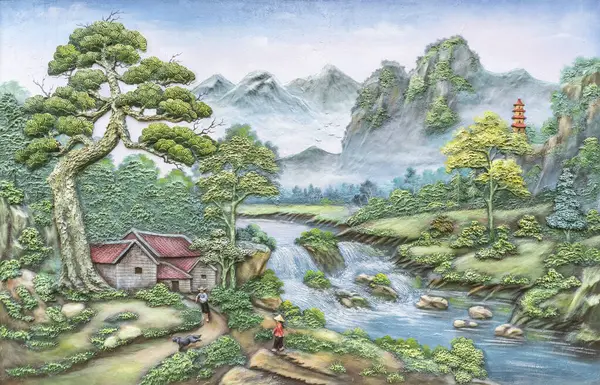 Reliefmalerei Einer Asiatischen Landschaft Stockbild