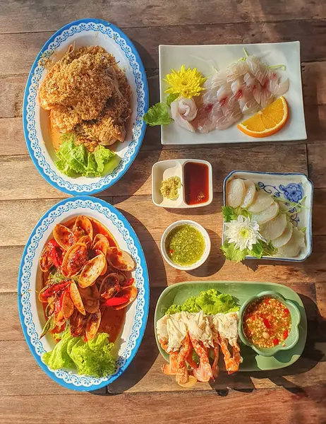 Traditional Thai Food Wood Background Oriental Food Concept Top View Image En Vente