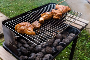 Yazın barbekü partisi, lezzetli et ızgarası, yemek konsepti.