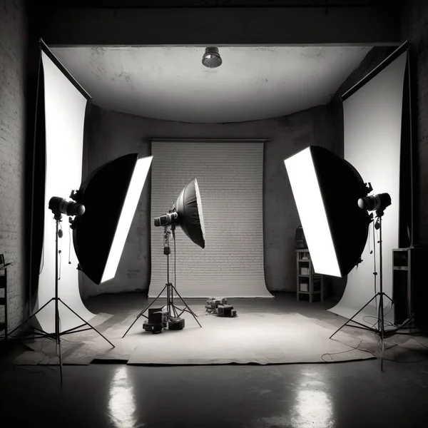 Empty photo studio with lighting equipmen