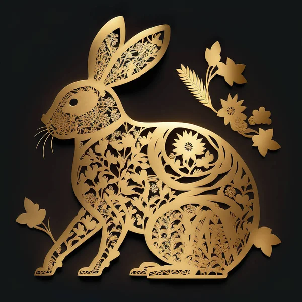 Gold Rabbit Zodiac Sign Black Background Stok Resim