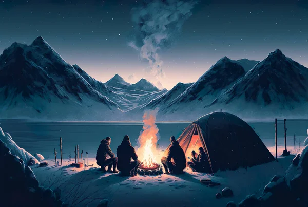 Camping in the snowy winter forest with campfire