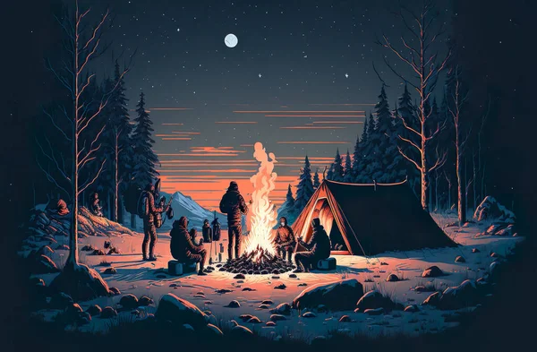 People camping in the snowy winter forest with campfire