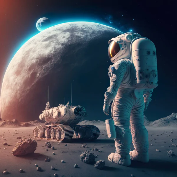 Astronautas Perto Seu Veículo Lunar Admiram Base Lunar Sua Colónia — Fotografia de Stock