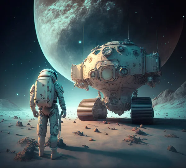 Astronauta Pie Superficie Luna Mirando Hacia Tierra —  Fotos de Stock