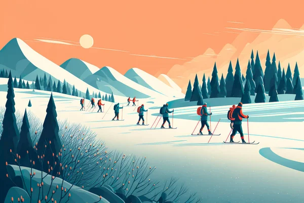 Люди Катаются Лыжах Горах Стоковая Картинка