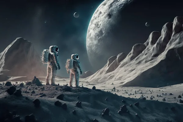 Astronaut Stående Ytan Månen Med Jord Bakgrund — Stockfoto